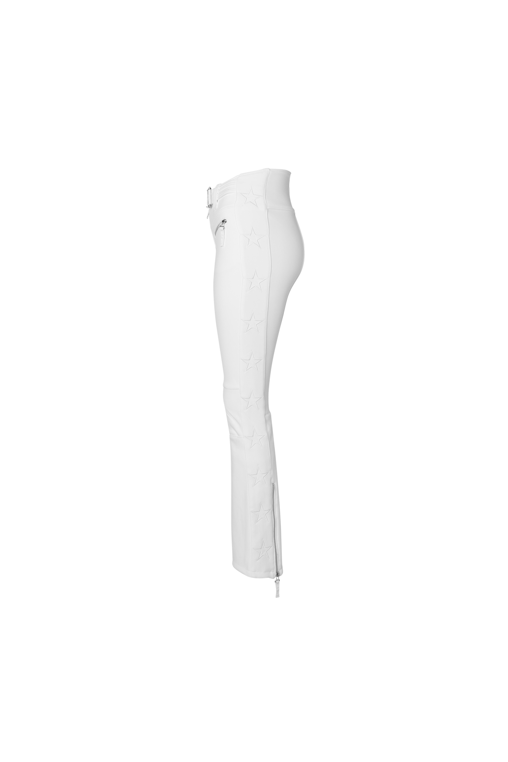 The side of The Tiby star ski pants in white featuring stars along the sides of the legs.