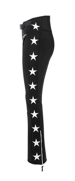 The side of The Tiby star ski pants in black and off-white featuring stars along the sides of the legs.