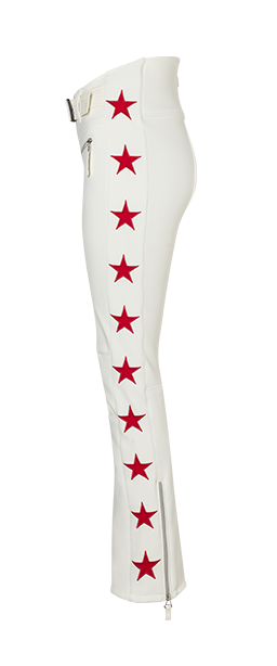 The side of the special edition of The Tiby Swiss star ski pants in red and off-white featuring stars along the sides of the legs.