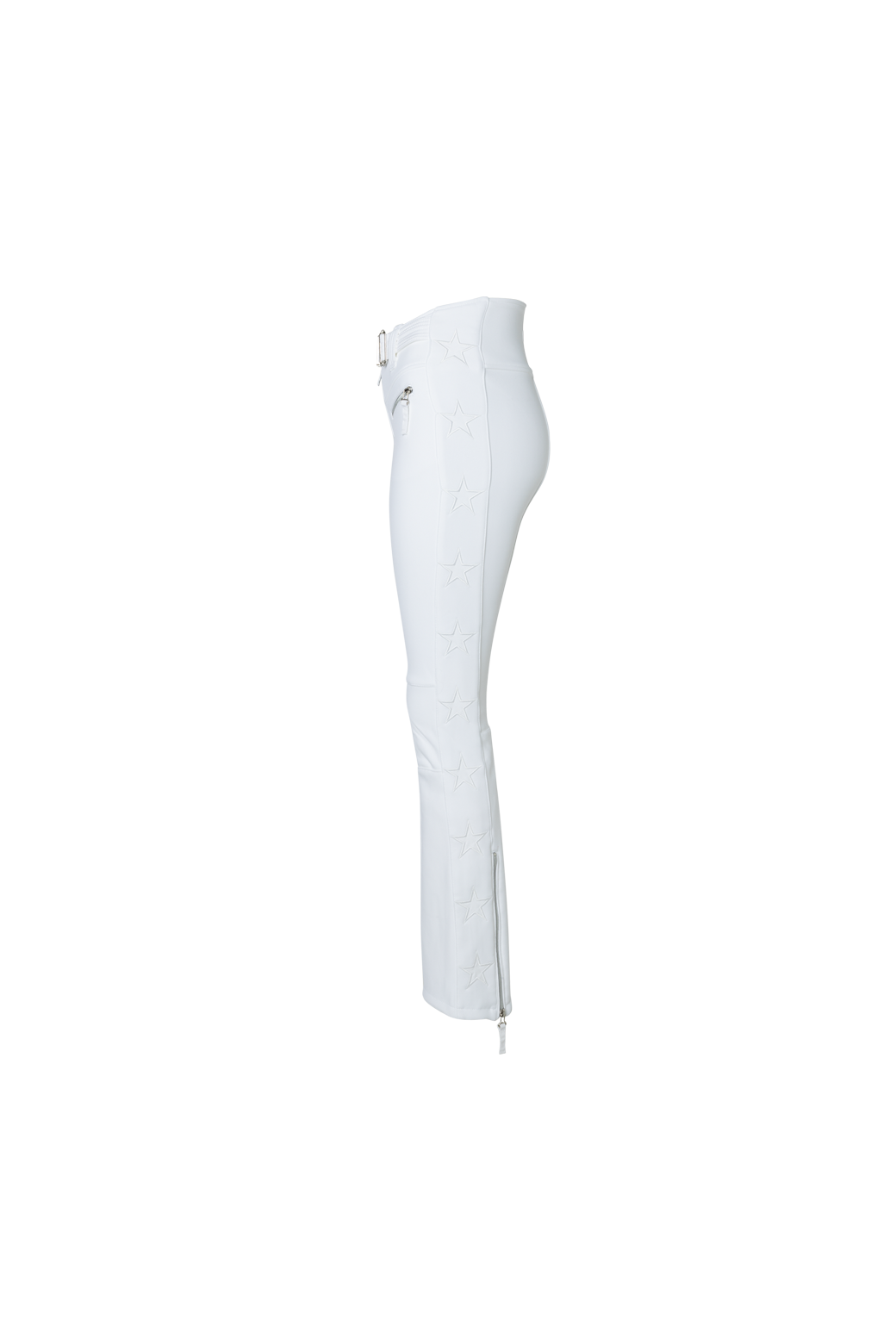 The side of The Tiby star ski pants in white featuring stars along the sides of the legs.