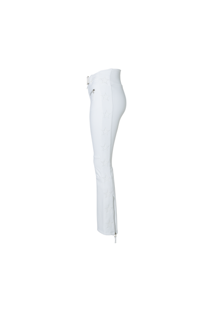The side of The Tiby star ski pants in white featuring stars along the sides of the legs.