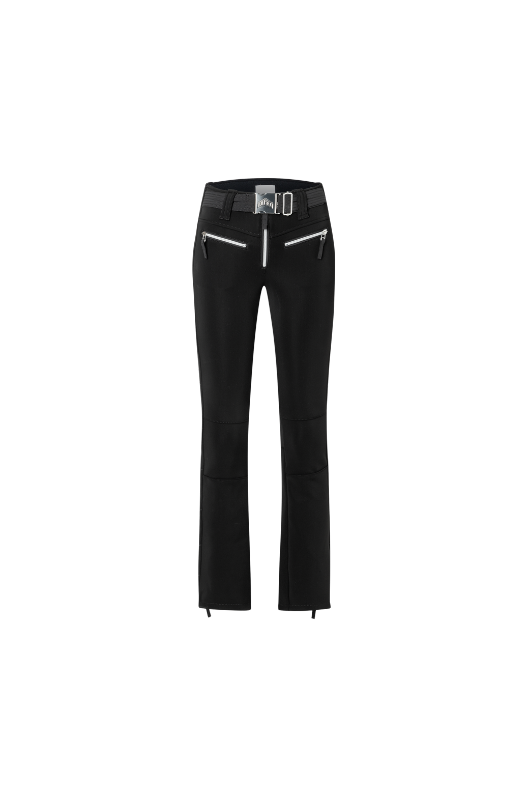 The front of The Tiby star ski pants in black featuring stars along the sides of the legs.