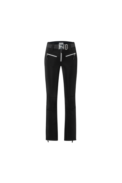 The front of The Tiby star ski pants in black featuring stars along the sides of the legs.