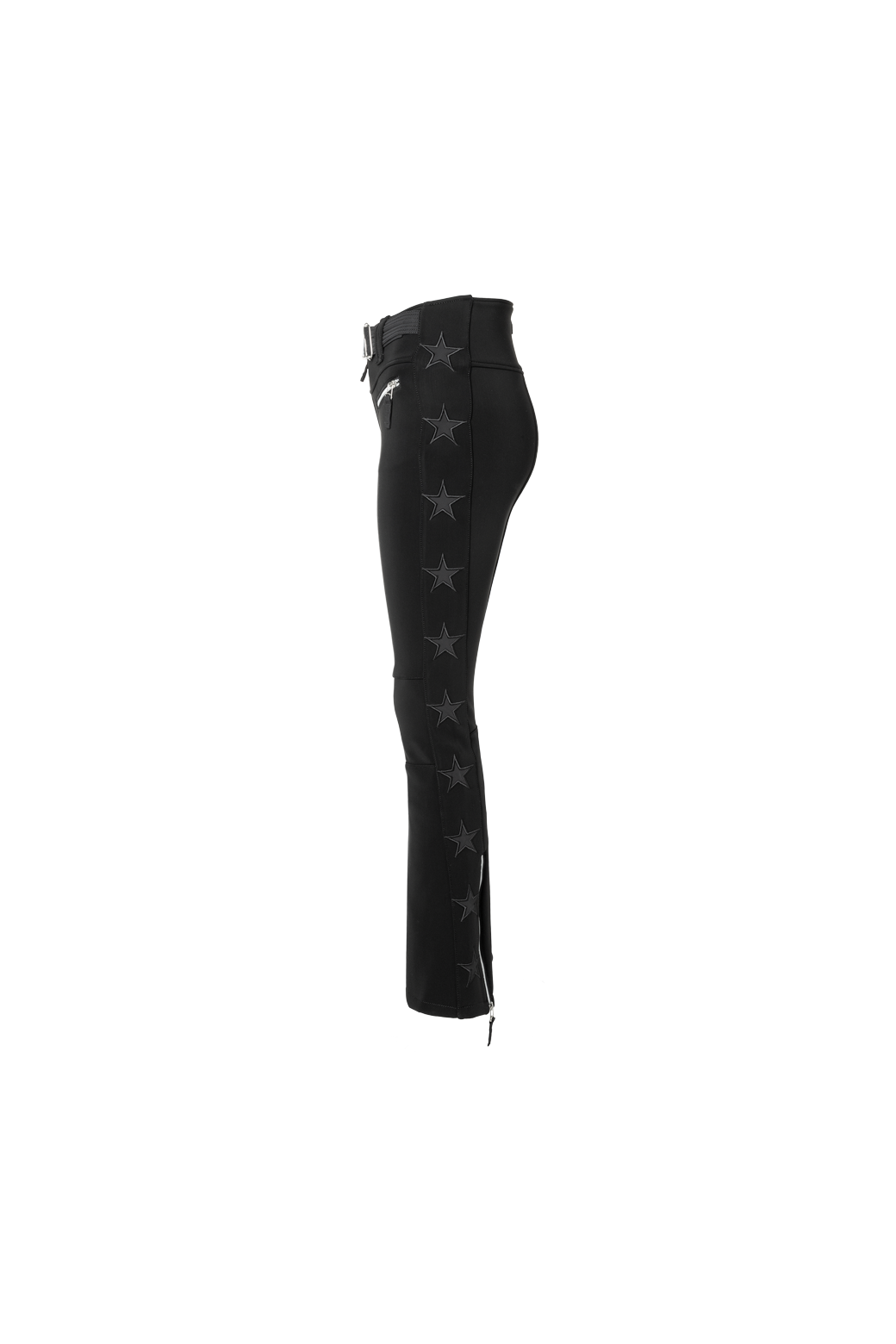The side of The Tiby star ski pants in black featuring stars along the sides of the legs.