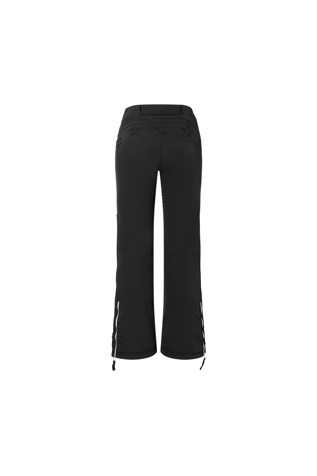 The back of the starred ski pants in black featuring stars along the legs and back