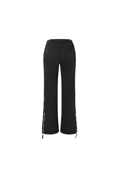 The back of the starred ski pants in black featuring stars along the legs and back