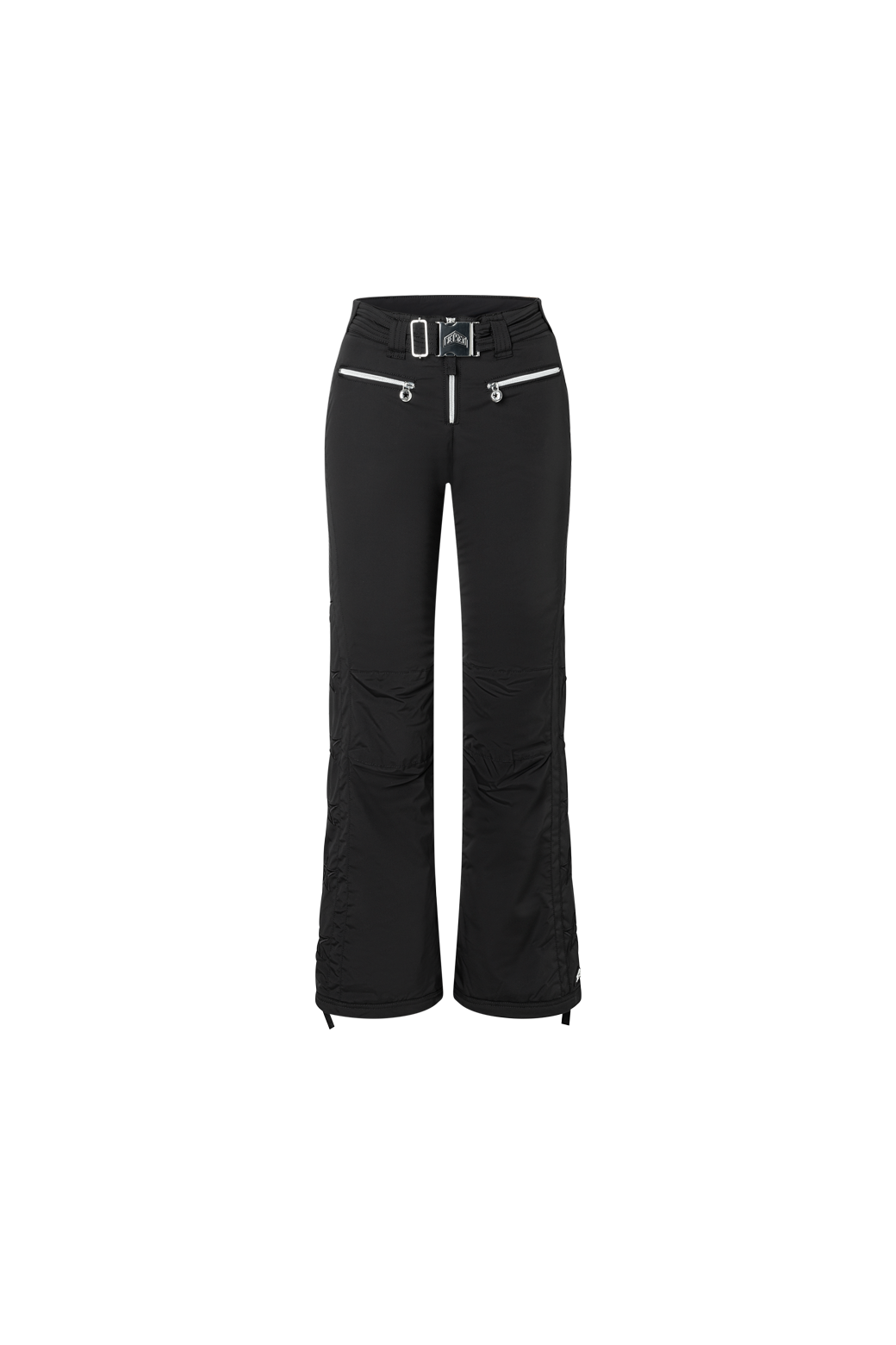 The front of the starred ski pants in black featuring stars along the legs and back