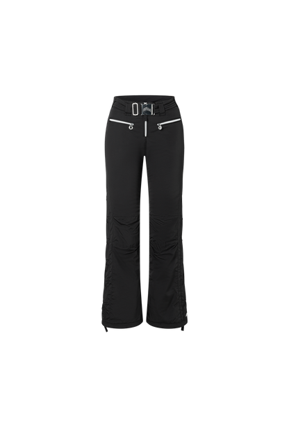 The front of the starred ski pants in black featuring stars along the legs and back