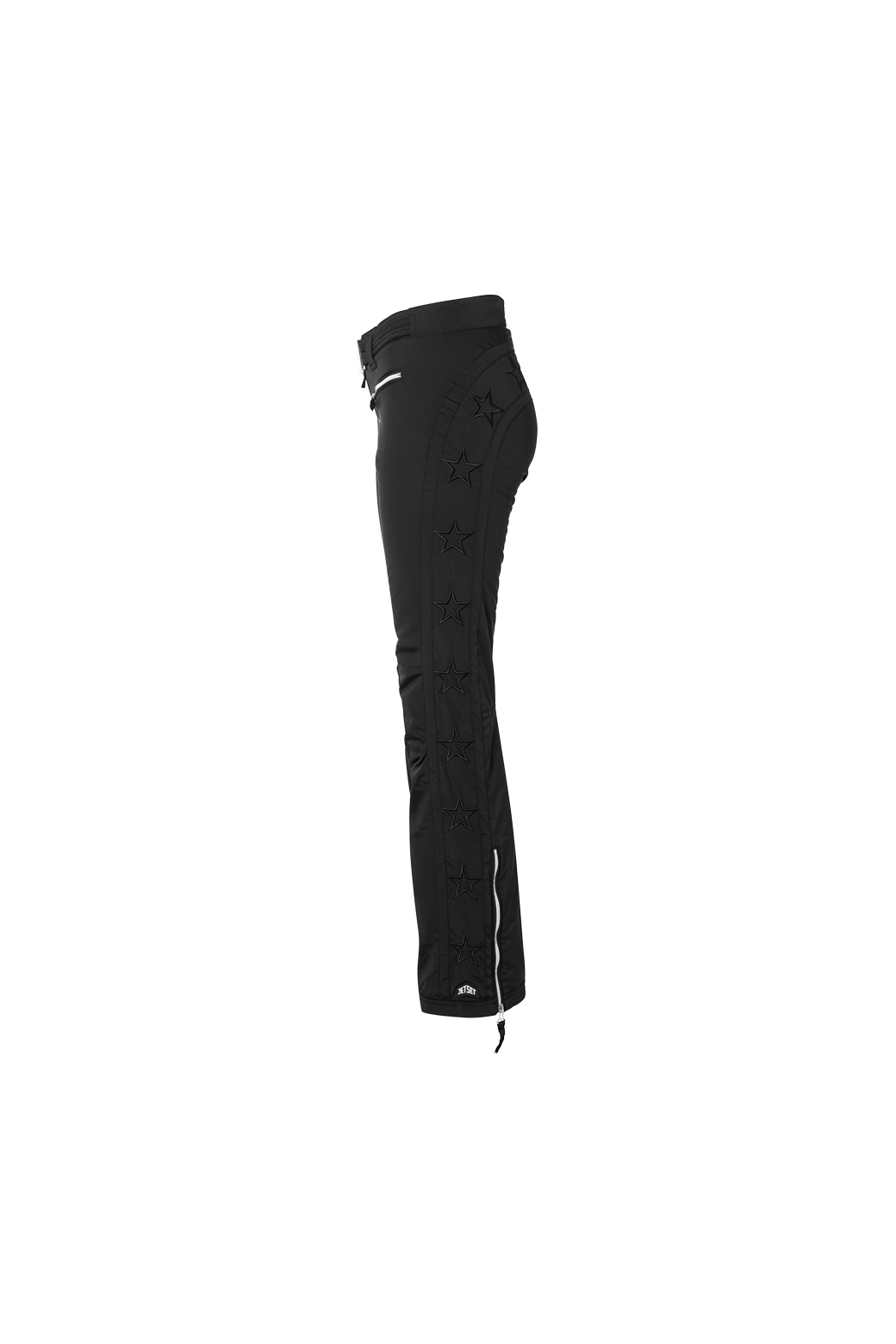 The side of the starred ski pants in black featuring stars along the legs and back