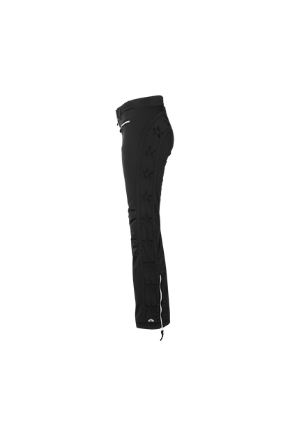 The side of the starred ski pants in black featuring stars along the legs and back